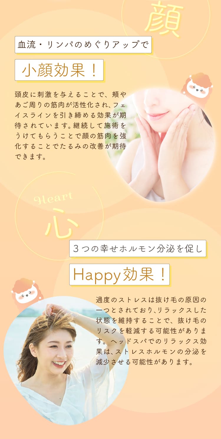血流・リンパのめぐりアップで
小顏効果！
頭皮に刺激を与えることで、類やあご周りの筋肉が活性化され、フェイスラインを引き締める効果が期待されています。継続して施術をうけてもらうことで顔の筋肉を強化することでたるみの改善が期待できます。
gleart
心
3つの幸せホルモン分泌を促し
Happy効果！
過度のストレスは抜け毛の原因の一つとされており、リラックスした状態を維持することで、抜け毛のリスクを軽減する可能性があります。ヘッドスパでのリラックス効果は、ストレスホルモンの分泌を減少させる可能性があります。