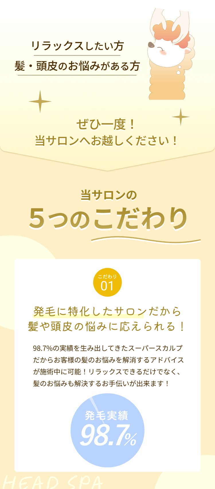 リラックスしたい方
髪・頭皮のお悩みがある方
ぜひ一度！
=サロンへお越しください！
=サロンの
5つのこだわり
こだわり
01
発毛に特化したサロンだから髪や頭皮の悩みに応えられる！
98.7%の実績を生み出してきたスーパースカルプ
だからお客様の髪のお悩みを解消するアドバイスが施術中に可能！リラックスできるだけでなく、髪のお悩みも解決するお手伝いが出来ます！
発毛実績
98.7%,
